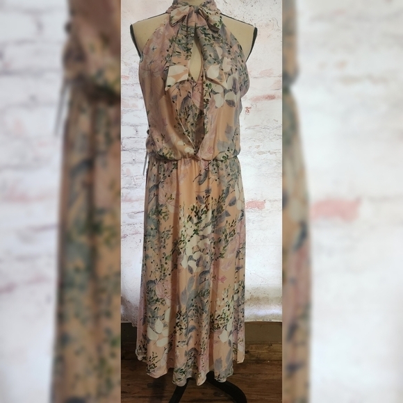 Adrianna Papell Dresses & Skirts - Adrianna Papell Watercolor Floral Print Halter Neck Sleeveless Midi Dress Size12